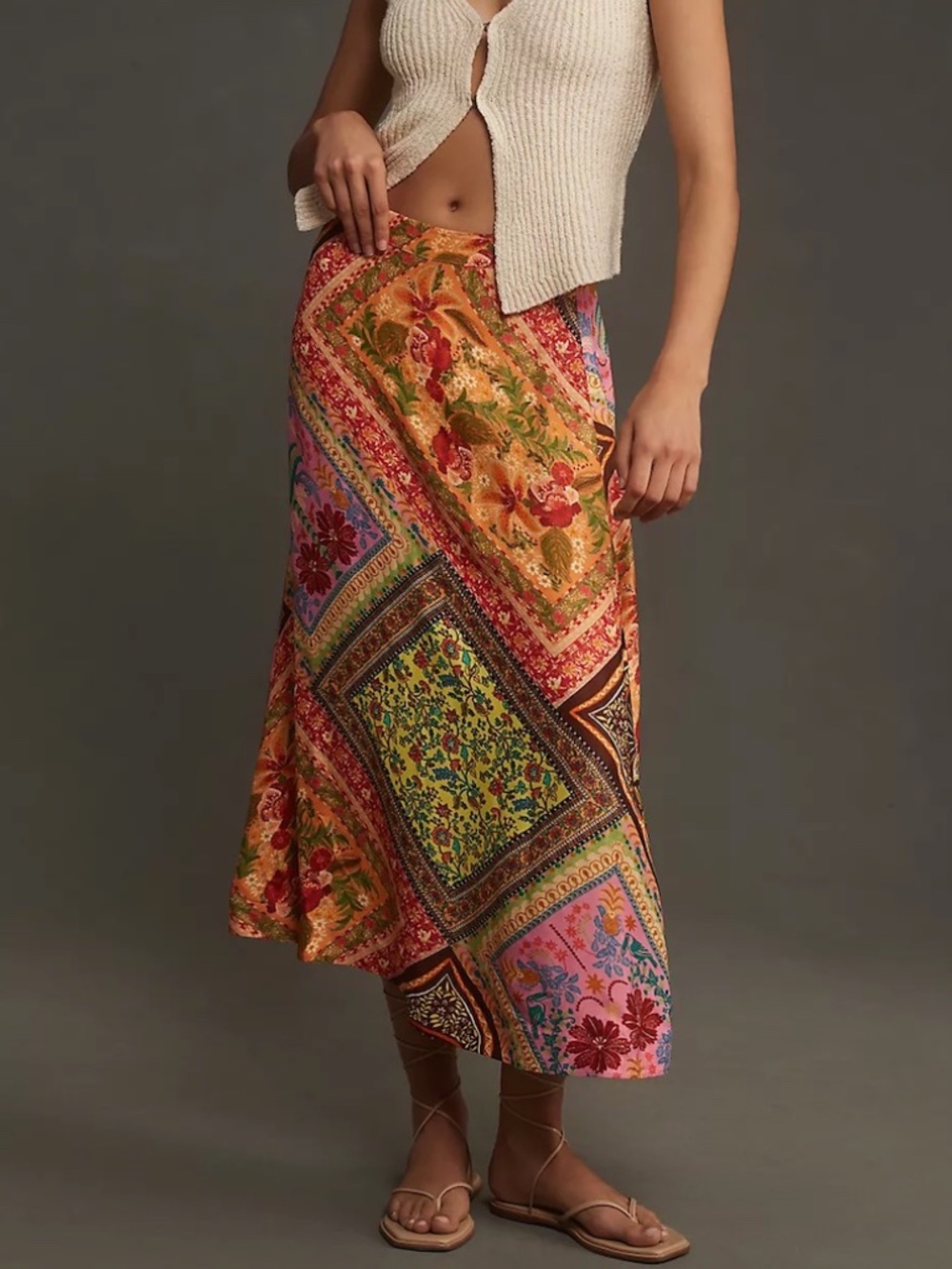 FARM RIO Mixed Scarves Satin Midi Slip Skirt 318032 Bandana Boho Print XXS NEW